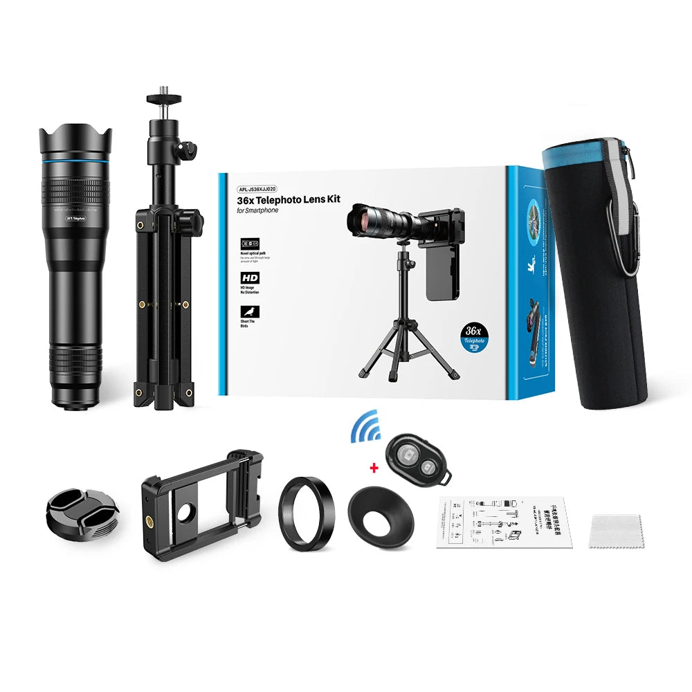 APEXEL 36x telephoto zoom lens with universal clip for iPhone & Samsung, tripod/remote options
