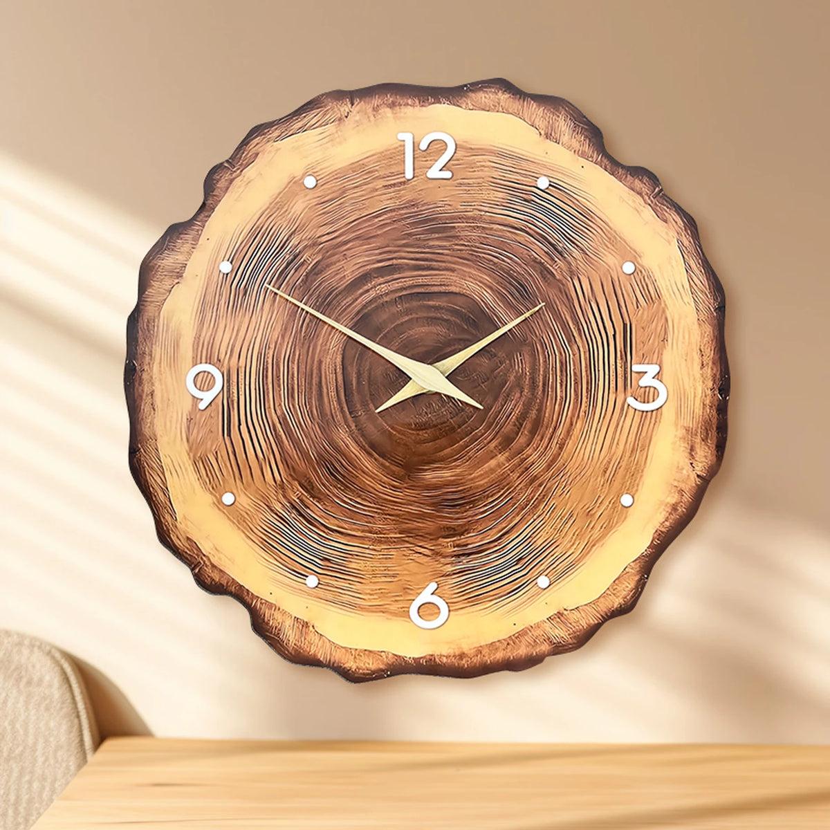 1pc wooden ring veneer wall clock, flat wood cross section texture pattern solid wood pointer design wall clock, silent clock