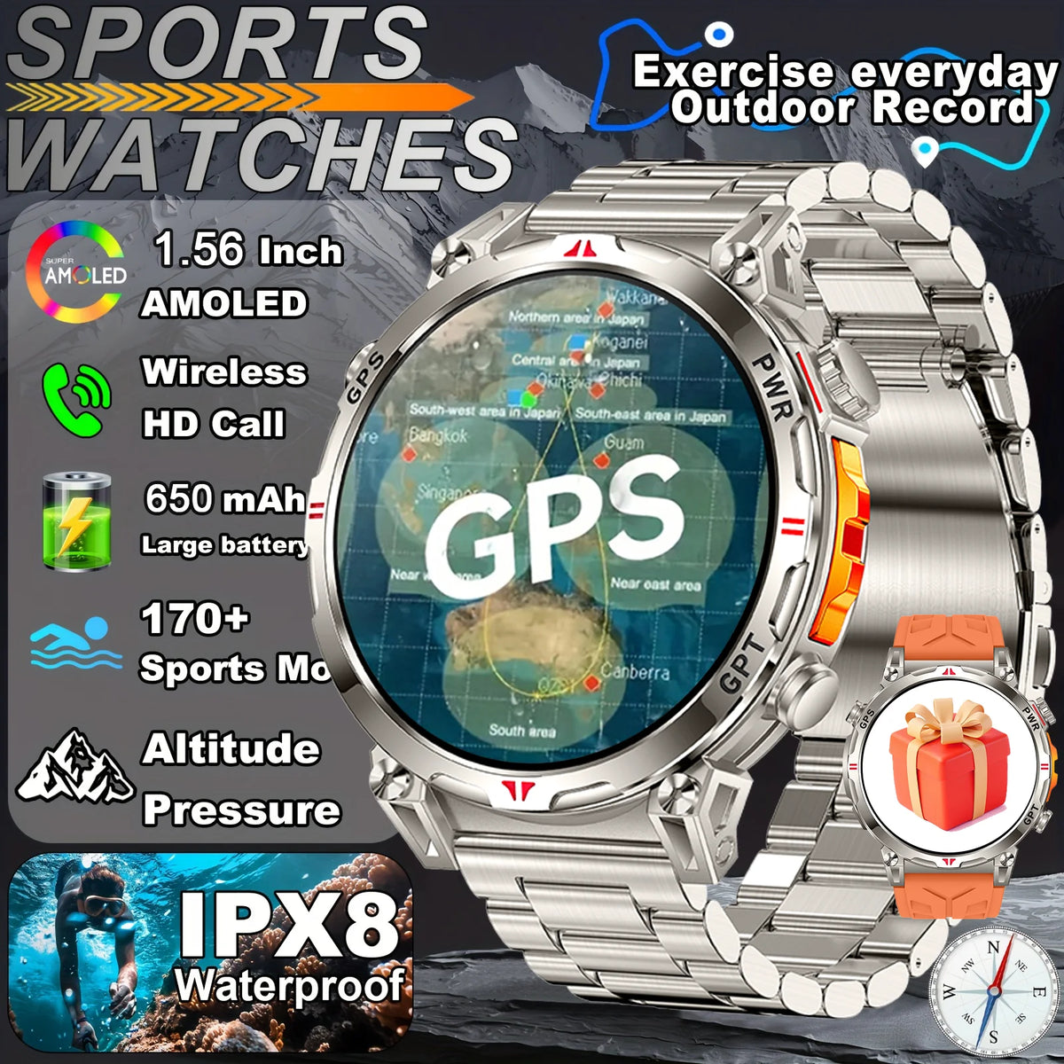 2026 New Outdoor GPS Sports Smartwatches Men Compass 5ATM Waterproof 24/7 Health Monitoring Chat GPT Bluetooth Call Smart Watch