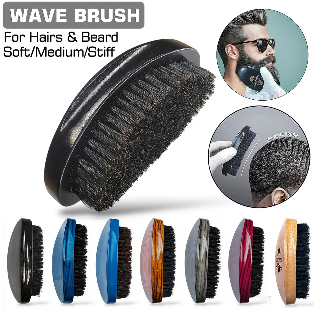 Gracemen 360 Wave Brush Curved Wooden Boar & Nylon Bristles, Soft/Medium/Hard, Black