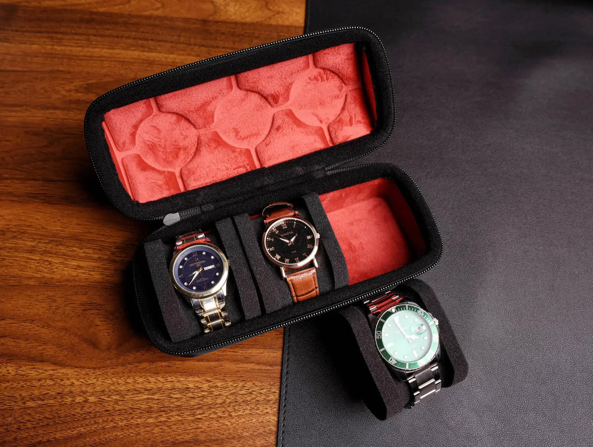 1/2/3/5/6/10 Slot Watch Travel Case,Hard Watch Roll, Travel Watch Organizer Case with Form-Fitting Pillow, Red Microfiber Lining