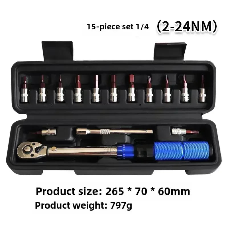 TINSOL 15Pcs Set Bicycle Torque Wrench Set 1/4" 2-24Nm Dual Direction Bike Allen Key Tool Socket Preset Type Spanner Pro Repair