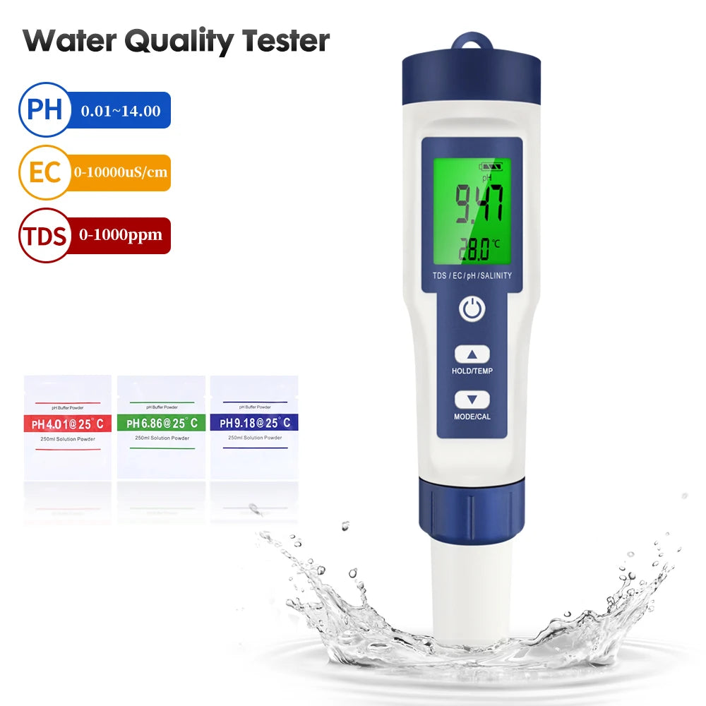 Professional Water Quality Tester 5 In 1 TDS/PH/EC/Temp /Salinity Meter Water Analyzer for Pools Drinking Water Aquarium Monitor