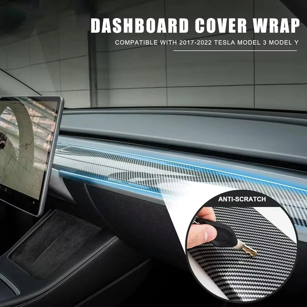 Car Dashboard Cover For Tesla Model 3 Y Door Dash Trim Panel Carbon Fibre ABS Interior Accessories Sticker 2021-2024 New