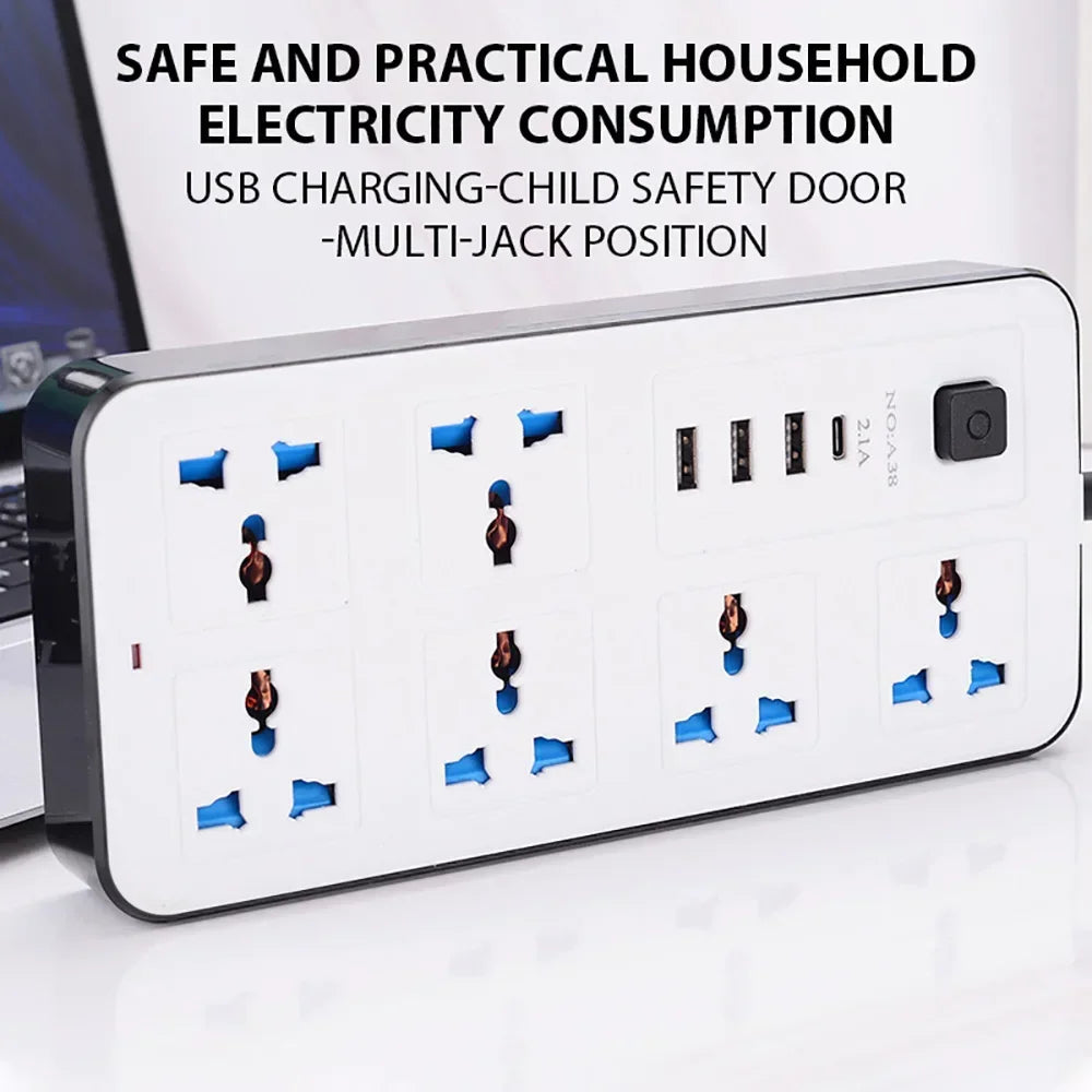 Power Multi Tap Universal Plug EU US UK Outlet Power Strip AC Type C USB Port Charge Electrical Socket with 1.8m Extension Cord
