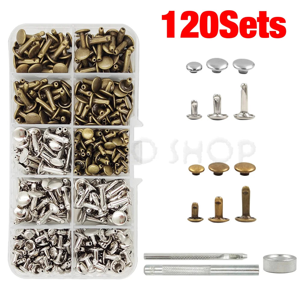 Metal Double Cap Rivets Stud Round Spike Nail With Tool Kits For Shoes Bag Belt Leathercraft Repair Clothing Garment Accessories