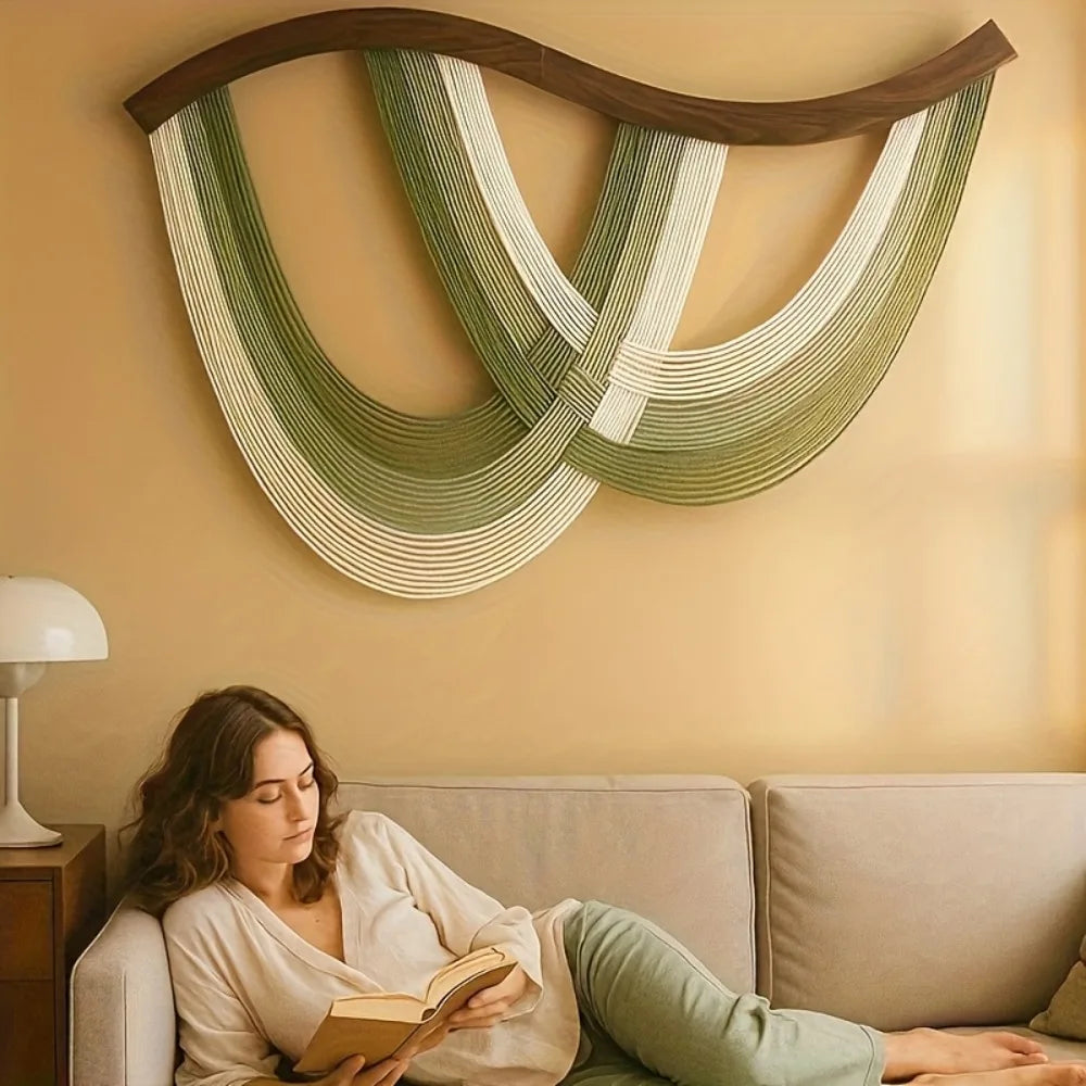Macrame Wall Hanging Wood Arch Large Bohemian Woven Tapestry with Green Beige Tassels for Living Room Bedroom Boho Wall Decor