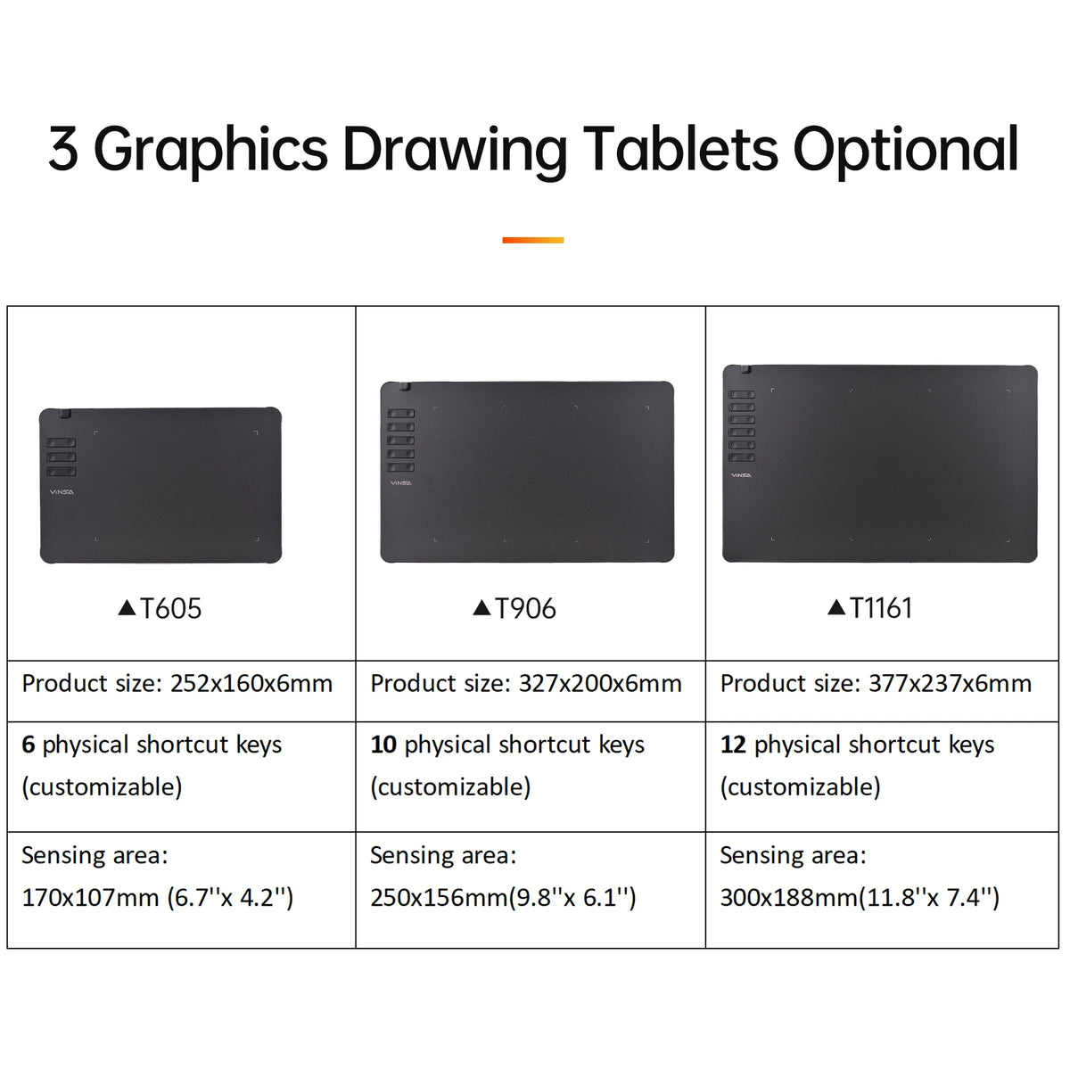 VINSA T1161 Graphics Drawing Tablet Ultra-thin Art Creation Sketch with Battery-free Stylus 8 Pen Nibs 8192 Levels Pressure