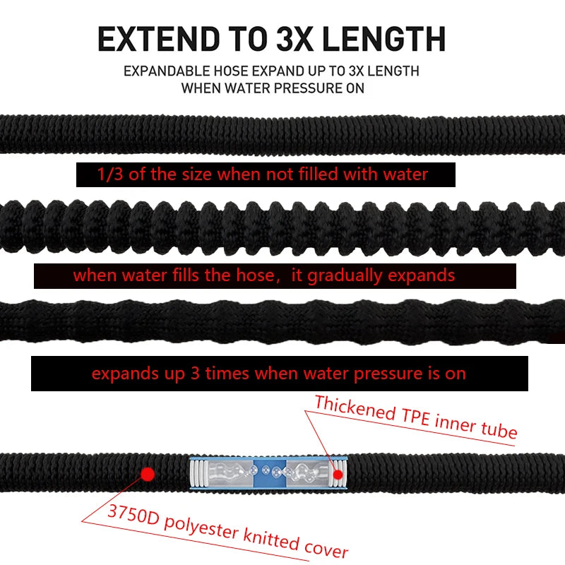 Expandable Garden Hose with Spray Gun, Black, 1/2 in, 25-100ft Options