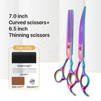 Fenice New design colorful 7.0 inch pet grooming scissors set straight thinning curved scissors