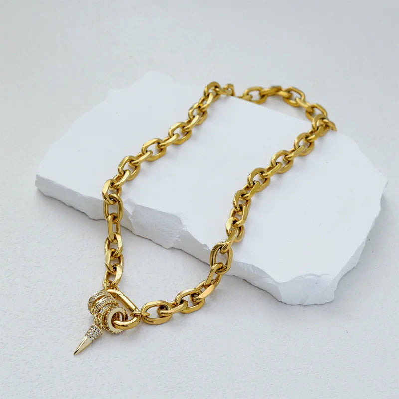 Freeshippings Item Non Tarnish Jewelry Stainless Steel 18K Gold Plated Oval Link Spring Clasp Full Zircon Charms Choker Necklace
