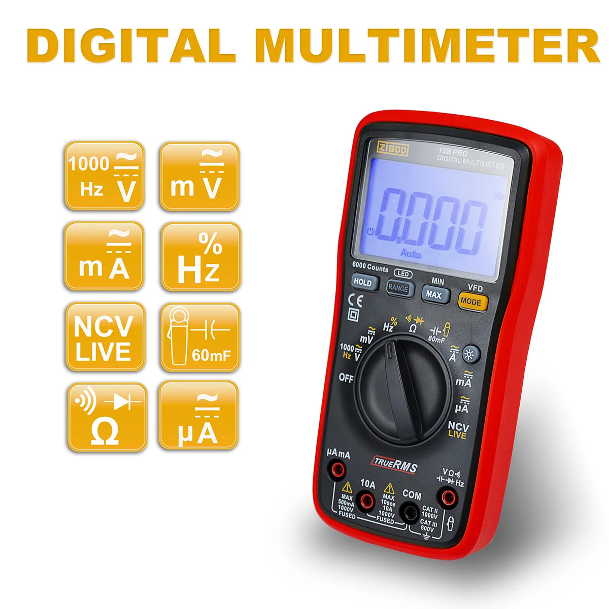 ZIBOO 15B PRO 17B PRO True RMS Digital Multimeter,for Electrical Applications Along with Resistance Continuity Diode Capacitance