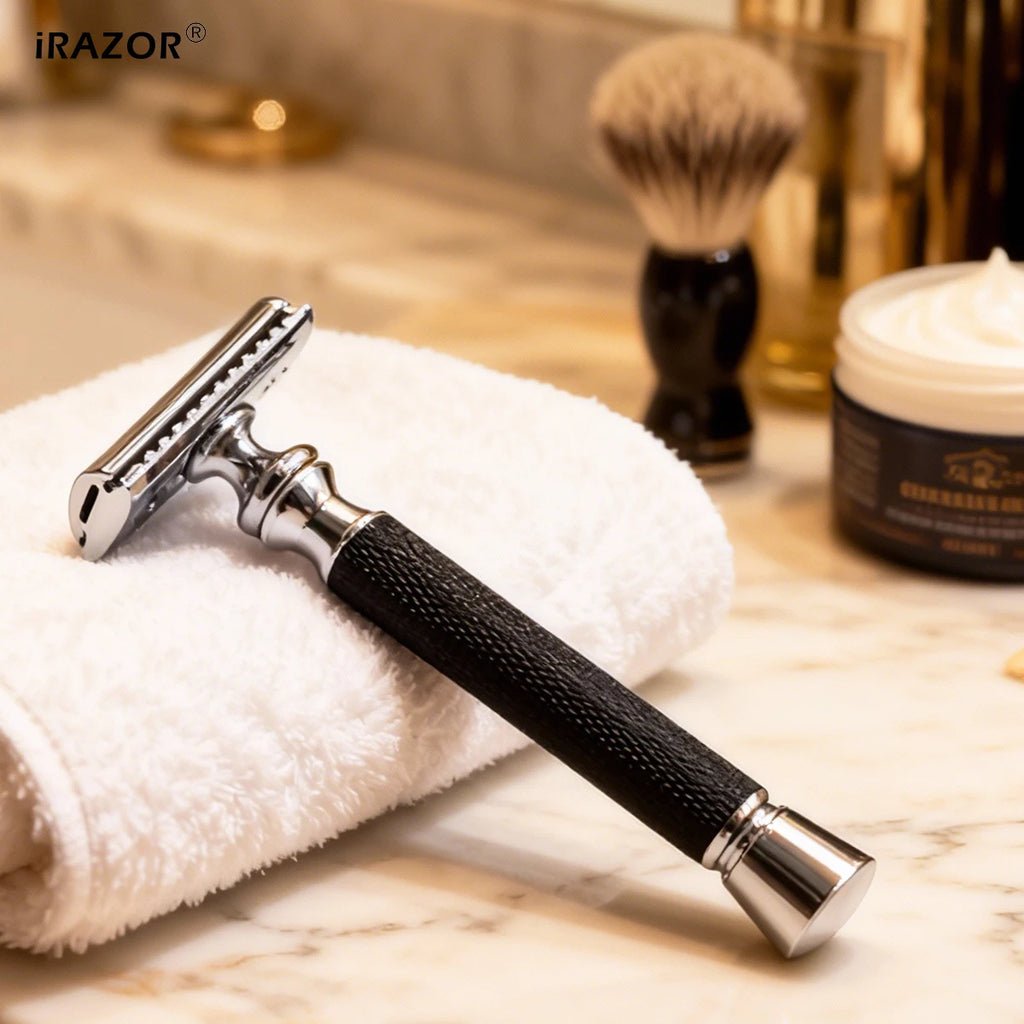 iRAZOR Classic T-Shaped DE Double Edge Safety Razor for Men Black Textured Non-Slip Shaving Machine Ideal Christmas Gift