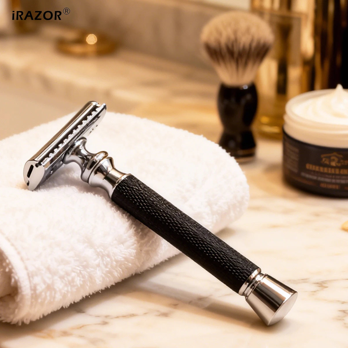 iRAZOR Classic T-Shaped DE Double Edge Safety Razor for Men Black Textured Non-Slip Shaving Machine Ideal Christmas Gift