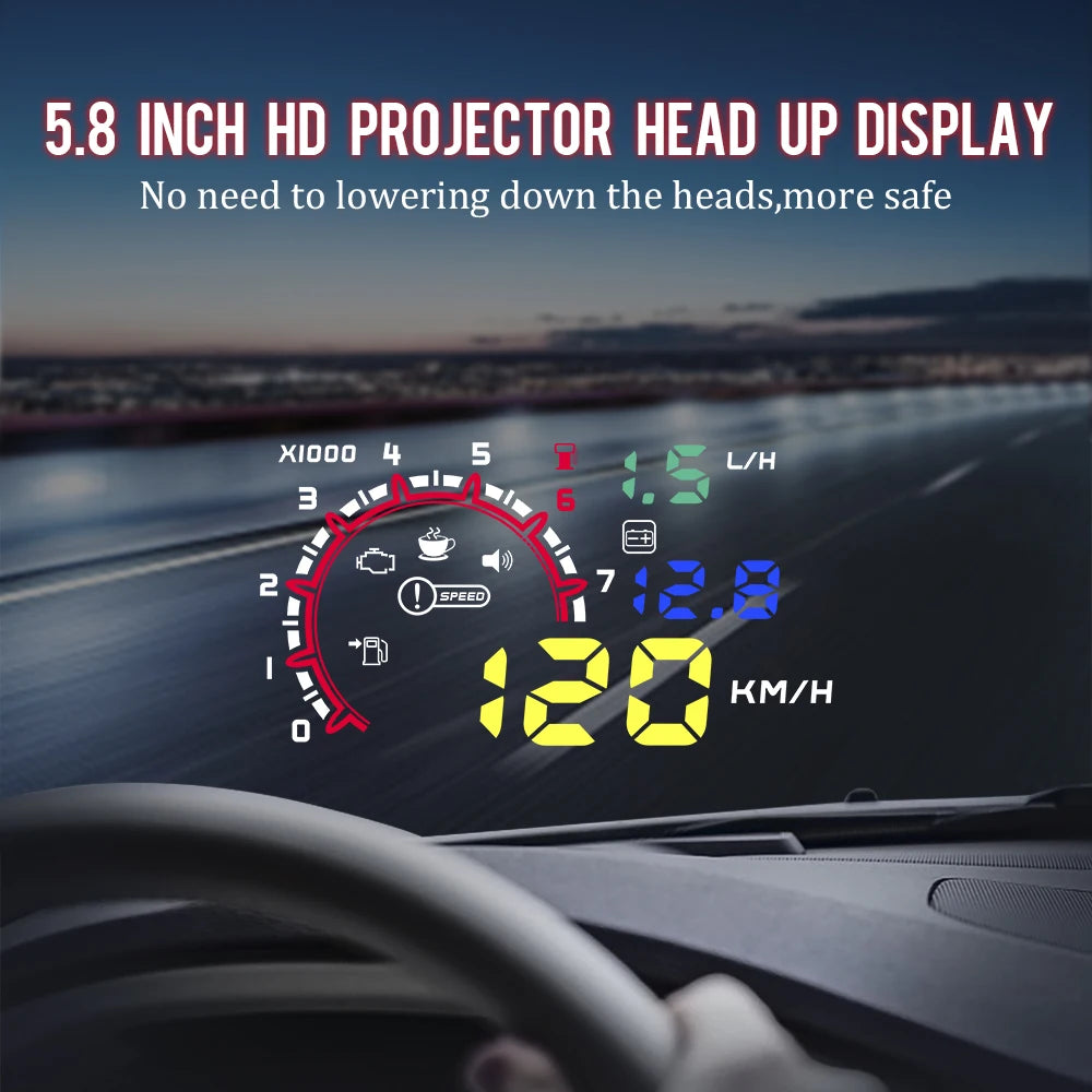 W02 OBD2 Head-Up Display HUD Speedometer Gauge, Voltage & Fuel Consumption Projection
