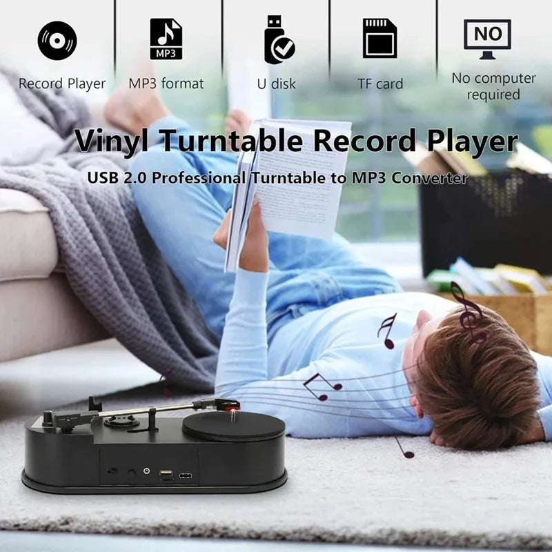 Portable 33/45RPM turntable vinyl to MP3 converter with speaker, USB/TF card recording