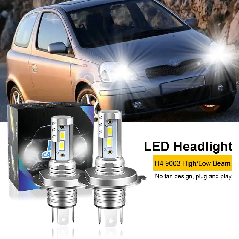 H4/9003 LED headlight bulbs 2pcs white 6000K fanless high/low beam for Toyota Yaris 2006-2014