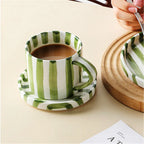 Minimalist striped hand drawn cup and plate set, ceramic milk coffee cup, 280ml/9.5oz afternoon tea coffee cup, household drinki