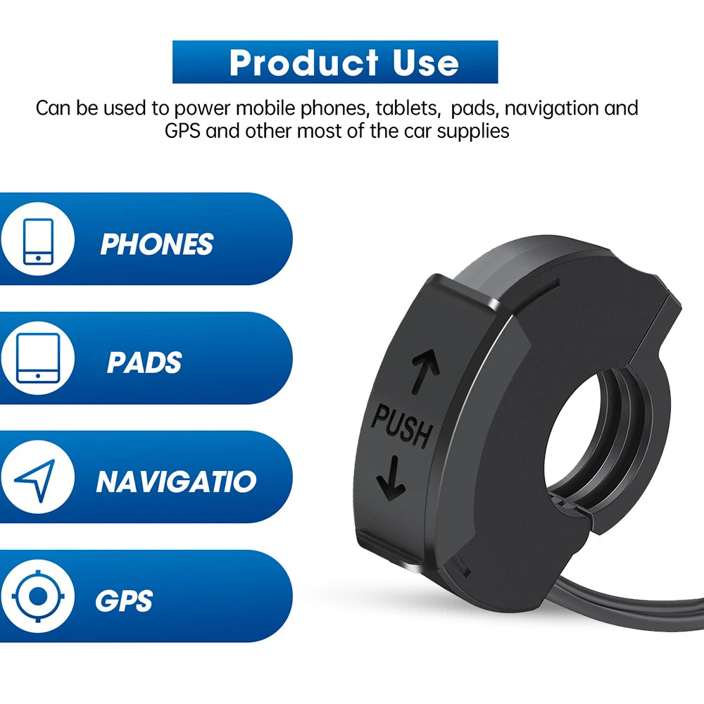 48W PD QC3.0 Motorcycle Handlebar USB Charger Socket, Waterproof Type-C Port, Switch/LED