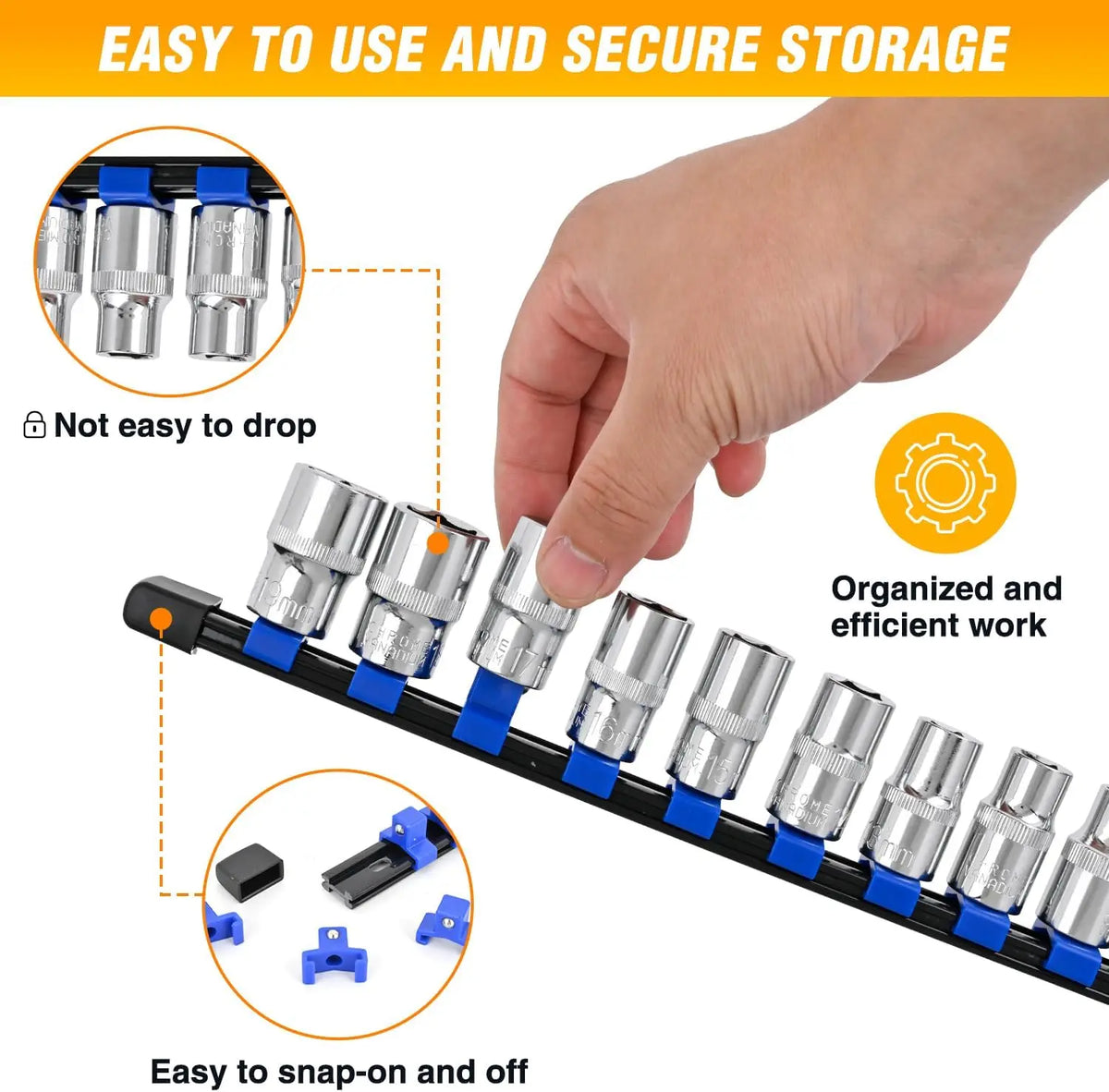 6pc Socket Organizer Set ABS Clip Rail Holders for 1/2, 3/8, 1/4 in Drive Sockets