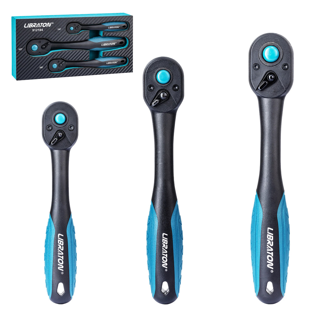 Ratchet Set 3PCS 1/4" 3/8"1/2" Ratchet Handle with Teardrop Head Quick-Release Ratchet Set with Comfort Grip 72 Teeth Wrench