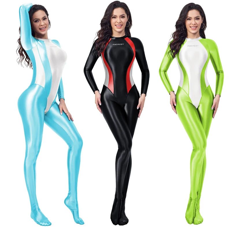 AMORESY Women Rear zipper tight jumpsuit Oily Shiny smooth Sports cycling yoga clothing fitness surf body suit swimsuit gym