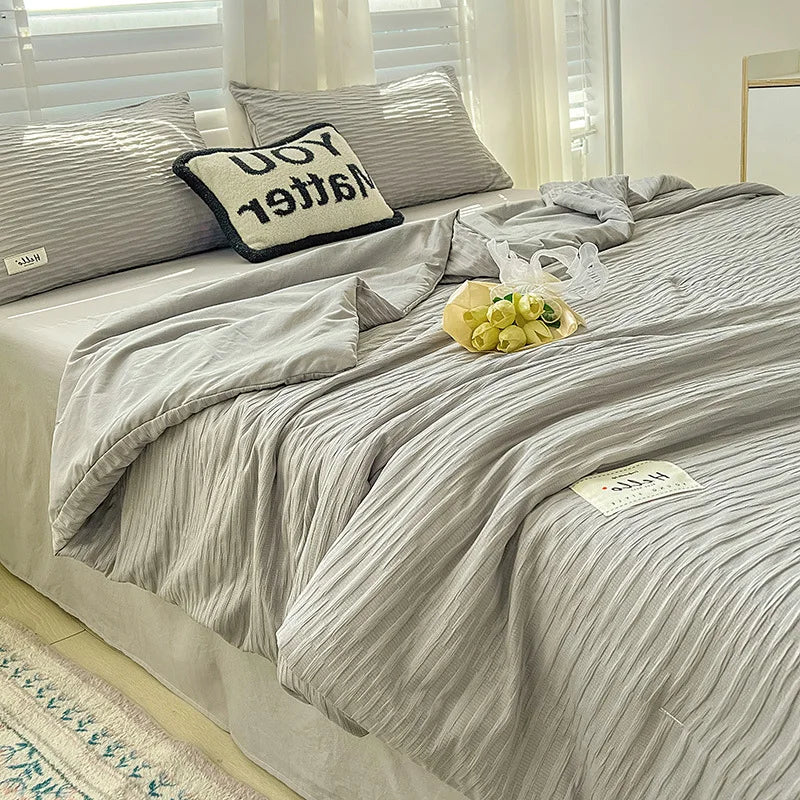 Korean Style Seersucker Washed Cotton Summer Quilt Four-Piece Set Bare Sleeping Quilt Summer Blanket Airable Cover