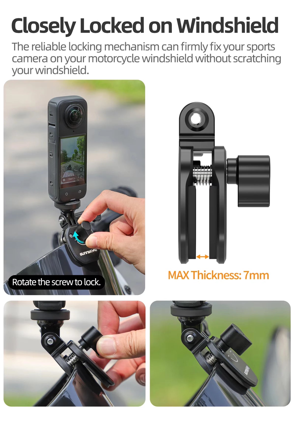 Motorcycle Windshield Mount Clamp Aluminum Clip For GoPro 13 12 Insta360 Go Ultra For DJI Osmo Nano/360/Action 6 5 Pro Pocket 3