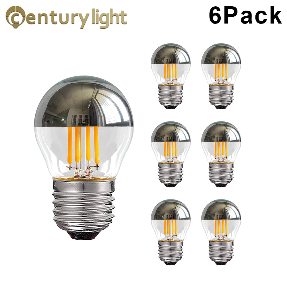 6Pcs Half Chrome Light Bulb 4W Dimmable G45 Silver Mirror Reflected Light E27 Base Warm White 2700K Silver Tipped Mirror Lights