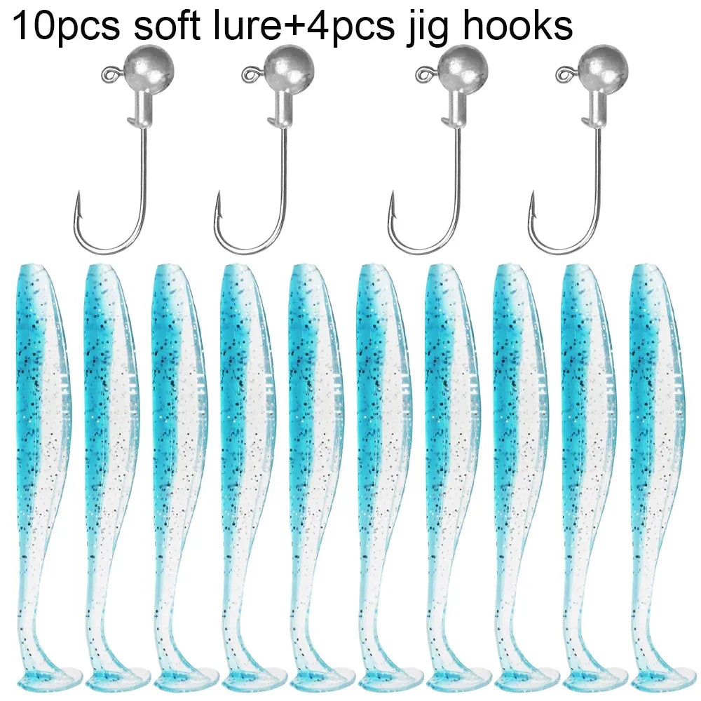 14PCS Gear Kit 10PCS Soft Lure 5.5cm 7cm 10cm T Tail Worm 4PCS Jigging Head Hook 3g 5g 10g Metal Jig Fishing Pesca Swimbait Bait