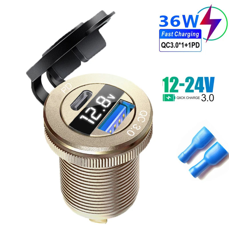 USB Type C Car Usb Charger Socket,12V/24V Dual USB Outlet PD3.0&QC3.0 Car Socket with LED Voltmeter for bmw f30 bmw f10 f20 e39