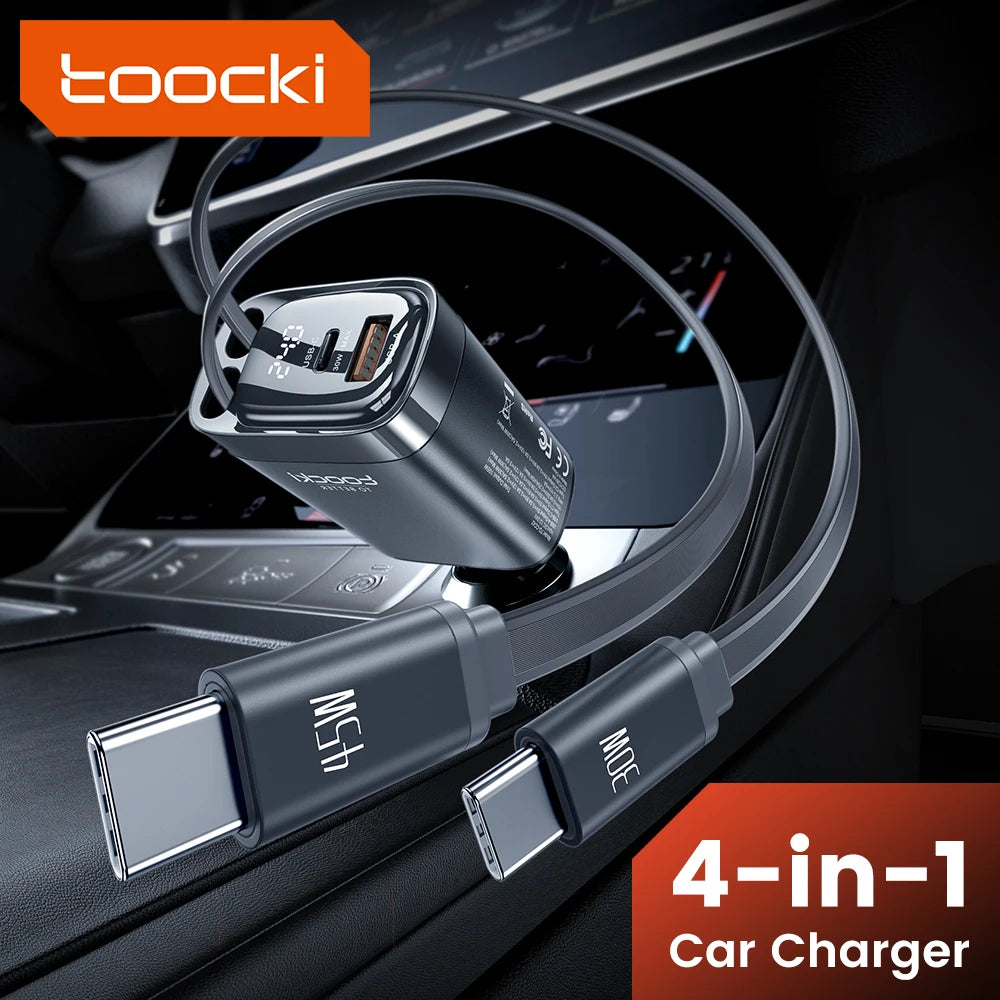 Toocki Digital Display Car Charger 105W 4 In1 Fast Charge Dual Type-C Cable With Retractable Cable For iPhone 16 15 14  Samsung