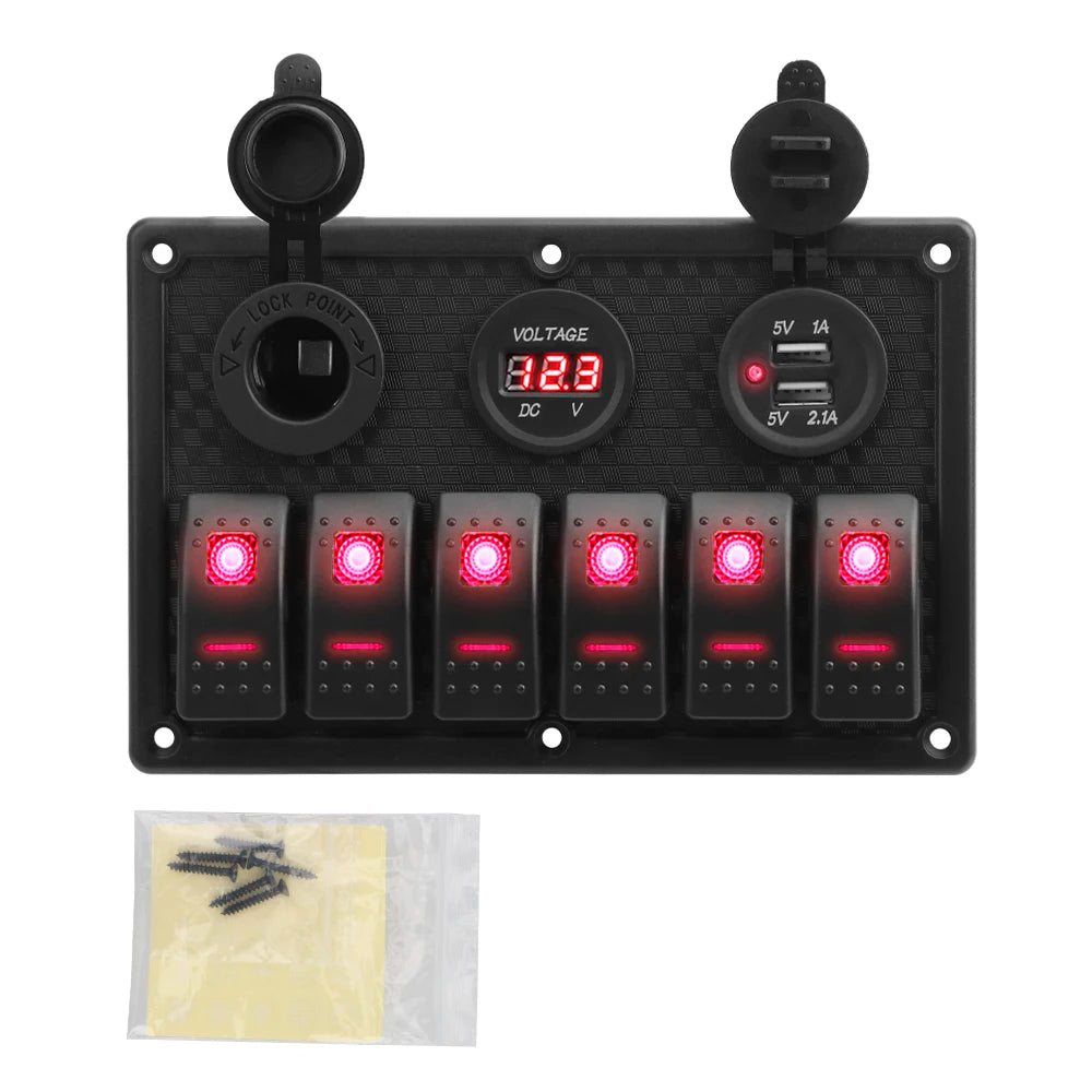 4.2A Dual USB Slot Socket 6 Gang Rocker Switch Panel Digital Voltage Display for Marine Boat Car Rv Vehicles Truck Yacht