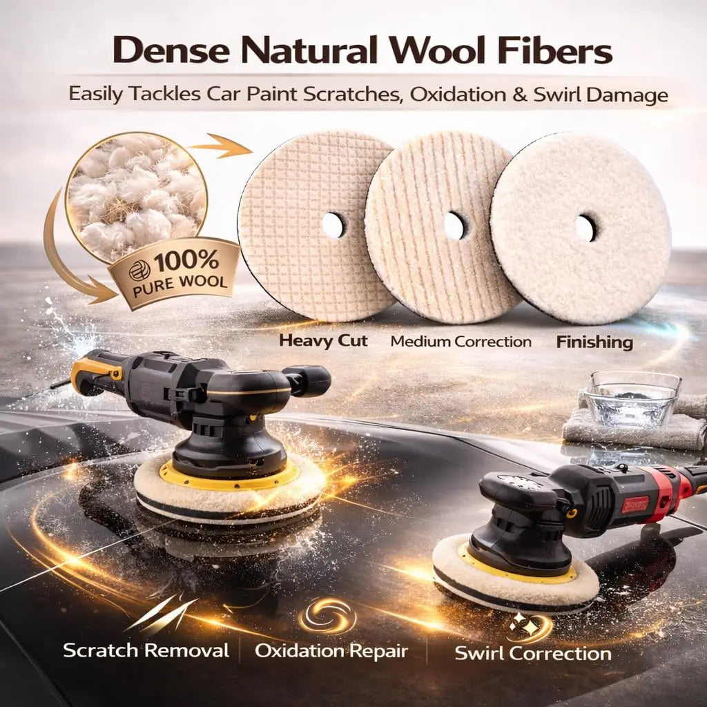 3Pcs 5/6 Inch Wool Buffing Pads,  Wool Cutting & Polishing Pad Kit for DA Polisher, Low Lint Paint Correction Pads