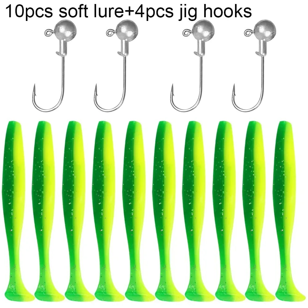 14PCS Gear Kit 10PCS Soft Lure 5.5cm 7cm 10cm T Tail Worm 4PCS Jigging Head Hook 3g 5g 10g Metal Jig Fishing Pesca Swimbait Bait