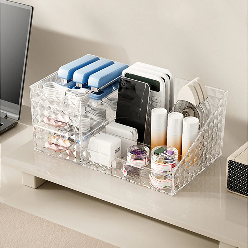Makeup Organizer with Transparent Drawer, Large Capacity Cosmetic Storage Box - Brown/Cream