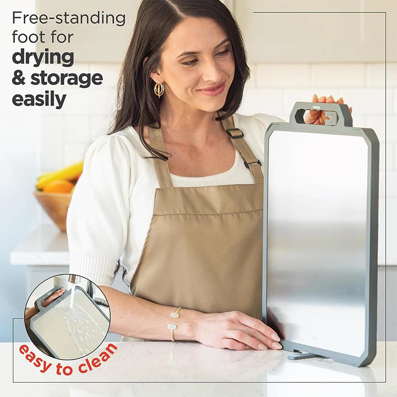 LMETJMA Stainless Steel Cutting Board Double-Sided with Ceramic Sharpener, Silver 300x438x26mm