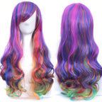 Soowee Synthetic Hair Ombre Rainbow Cosplay Wig with Bangs Red Yellow Purple Green Blue Wigs for Black Women