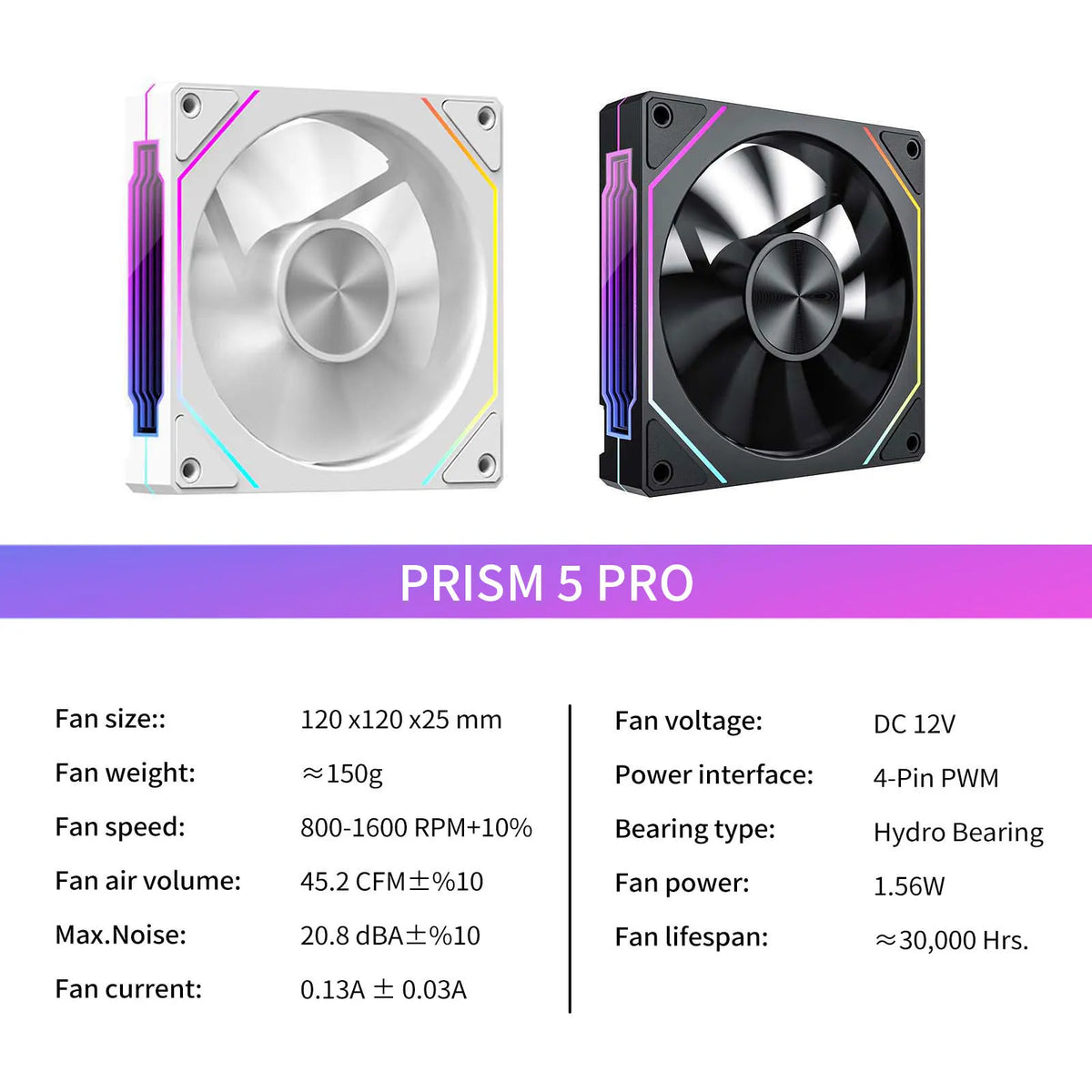 LDPCSJ OEM PRISM 5 PRO Computer Chassis Fan 12cm ARGB 4 Pin PWM Quiet Cooling Fan 12V Large Air Volume 45.2CFM/600-1800RPM