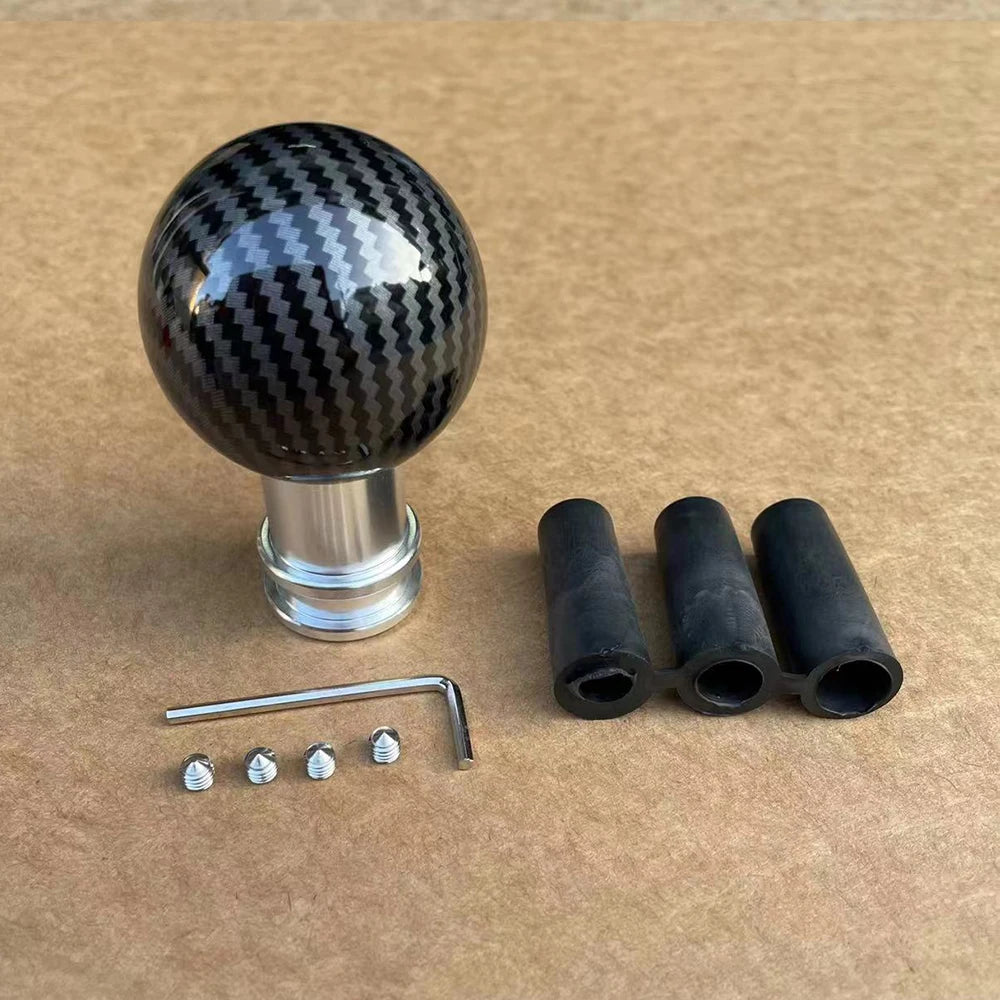 Universal Car Gear Shift Knob Round Ball Carbon Fiber Look, M8 M10 M12 Adapters, 1pc