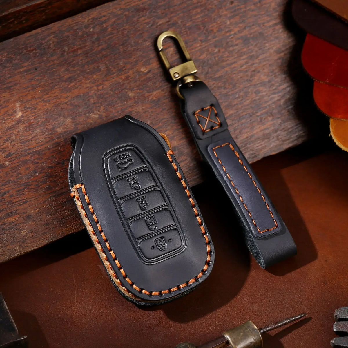 Leather car key fob cover case for Hyundai i30 Kona Elantra Santa Fe, black/blue/brown