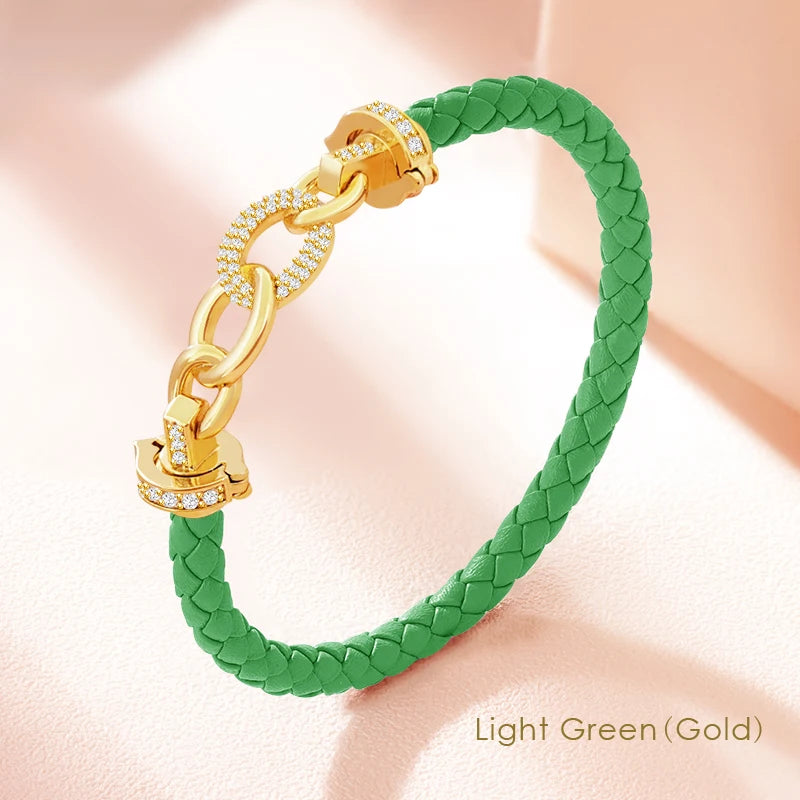 MOONLIGHT New Luxury Women's Zircon Ring Round Bracelet Genuine Braided Leather Bracelet for Woman Fashion Accessories 8 colors