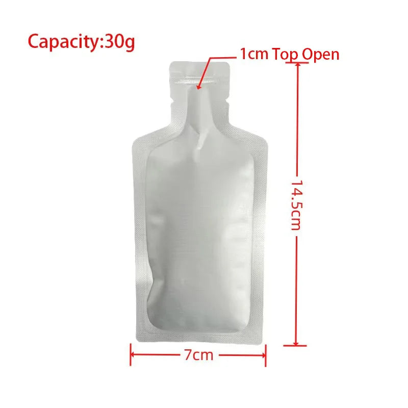 100pcs Bottle Shaped Small Sample Bag Food Grade Aluminum Foil Packaging Pouches for Juice Liquid Beverage Drinking 10g 30g 50g
