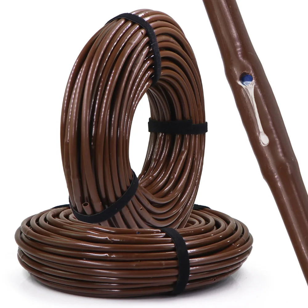 1/4 in PE drip irrigation hose with emitters, brown, 25cm spacing, 30m (100ft)
