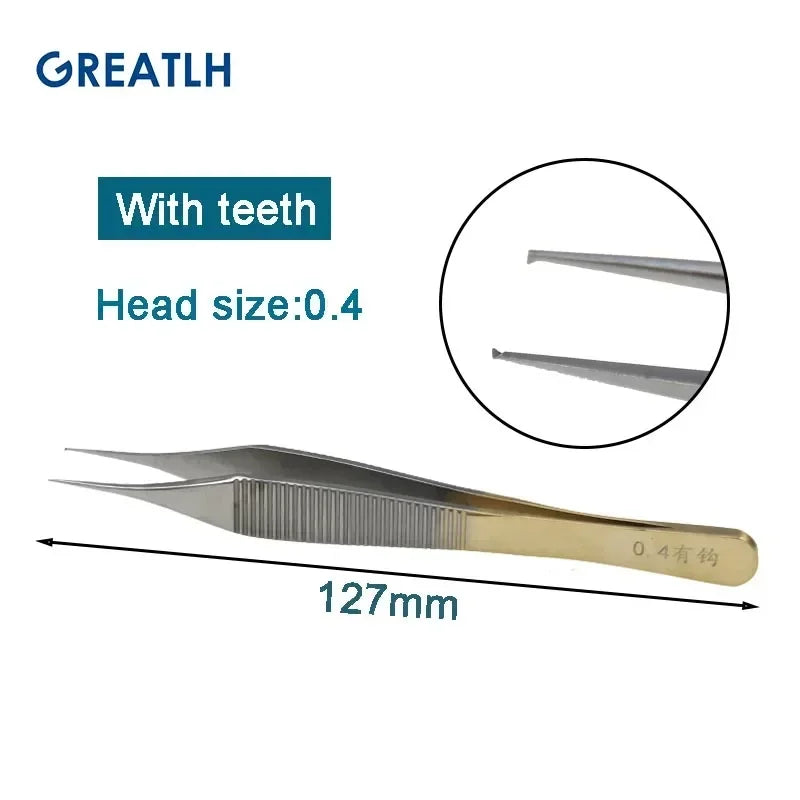 Autoclavable Stainless Steel Tissue Forceps with Golden Handle Teethed Forceps Ophthalmic Instrument 1pcs