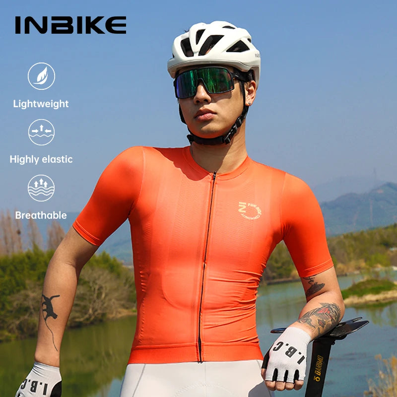 INBIKE Men's Short Sleeve Cycling Jersey Road Bike Shirt, Orange/Black/White, EU S-XXL