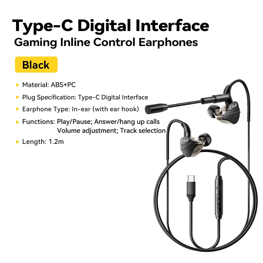 Essager USB Type C in-Ear Headset Wired Earphones For iPhone 16 Samsung Android HiFi Bass Stereo Games With Mic 3.5MM Headphones