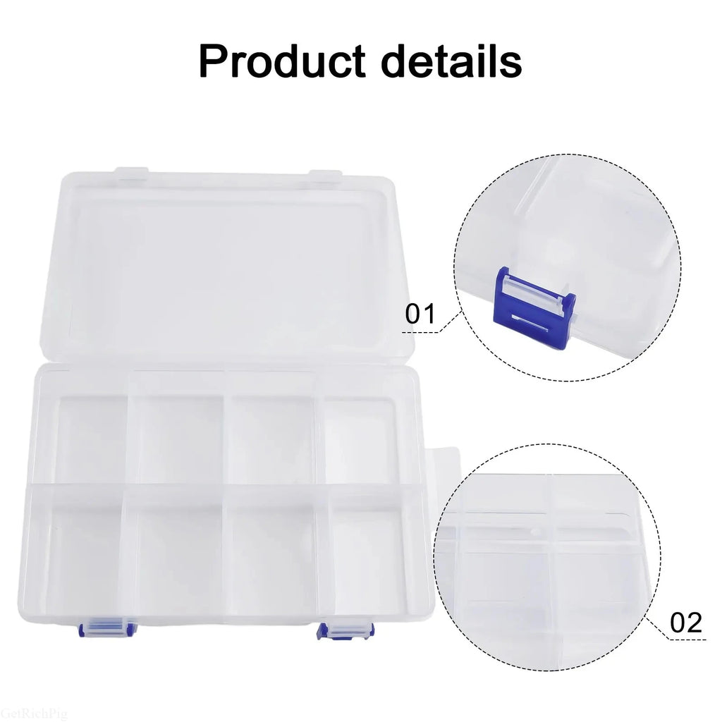 Plastic Tool Storage Box Organizer, Adjustable 8-Compartment Grid, 20x13.5x4.5cm
