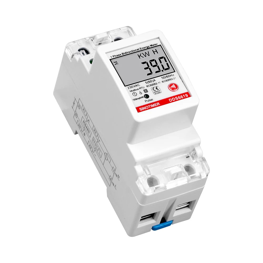 SINOTIMER Single Phase AC 230V 60A Electricity Energy Meter KWH RS485 Modbus Current Voltage Power Measurement 2P Solar PV Meter