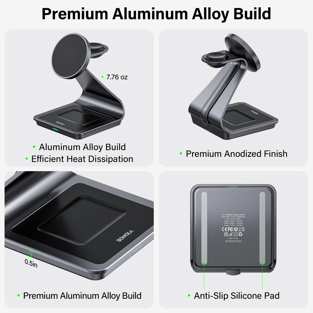 Bonola 3-in-1 Magnetic Wireless Charger Stand, Black, for Samsung Galaxy S24 Ultra + Watch + Earbuds